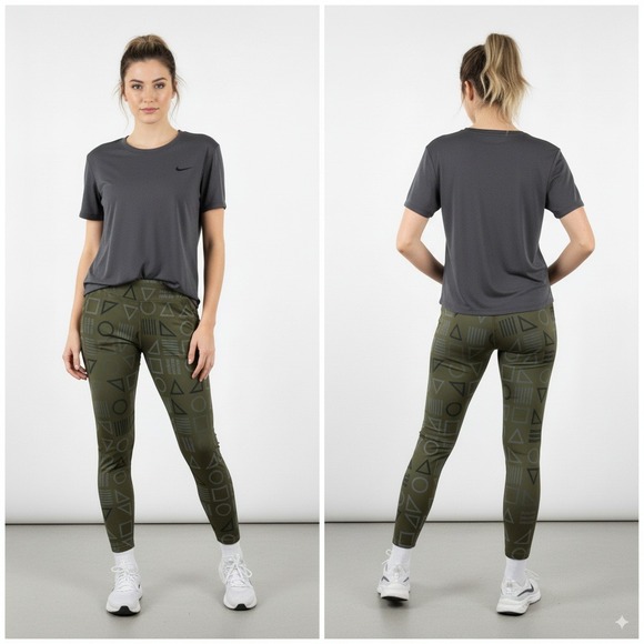 Nike Pants - Nike Dri-Fit Olive Geometric Print Leggings Women's Medium High Rise‎ Activewear